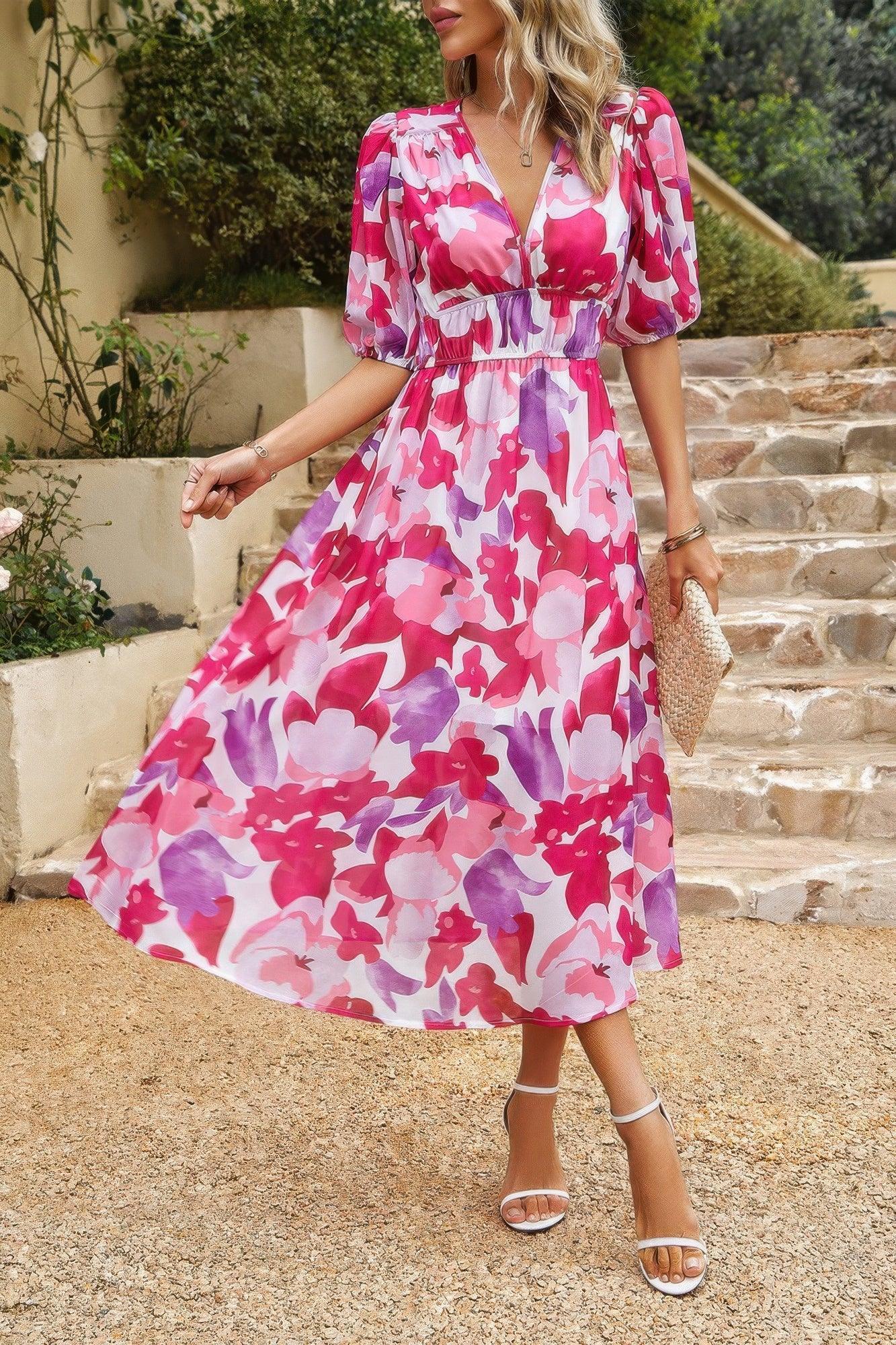 Bohemian V Neck Elastic Waisted Band Midi Dress | Mixtshop LLC