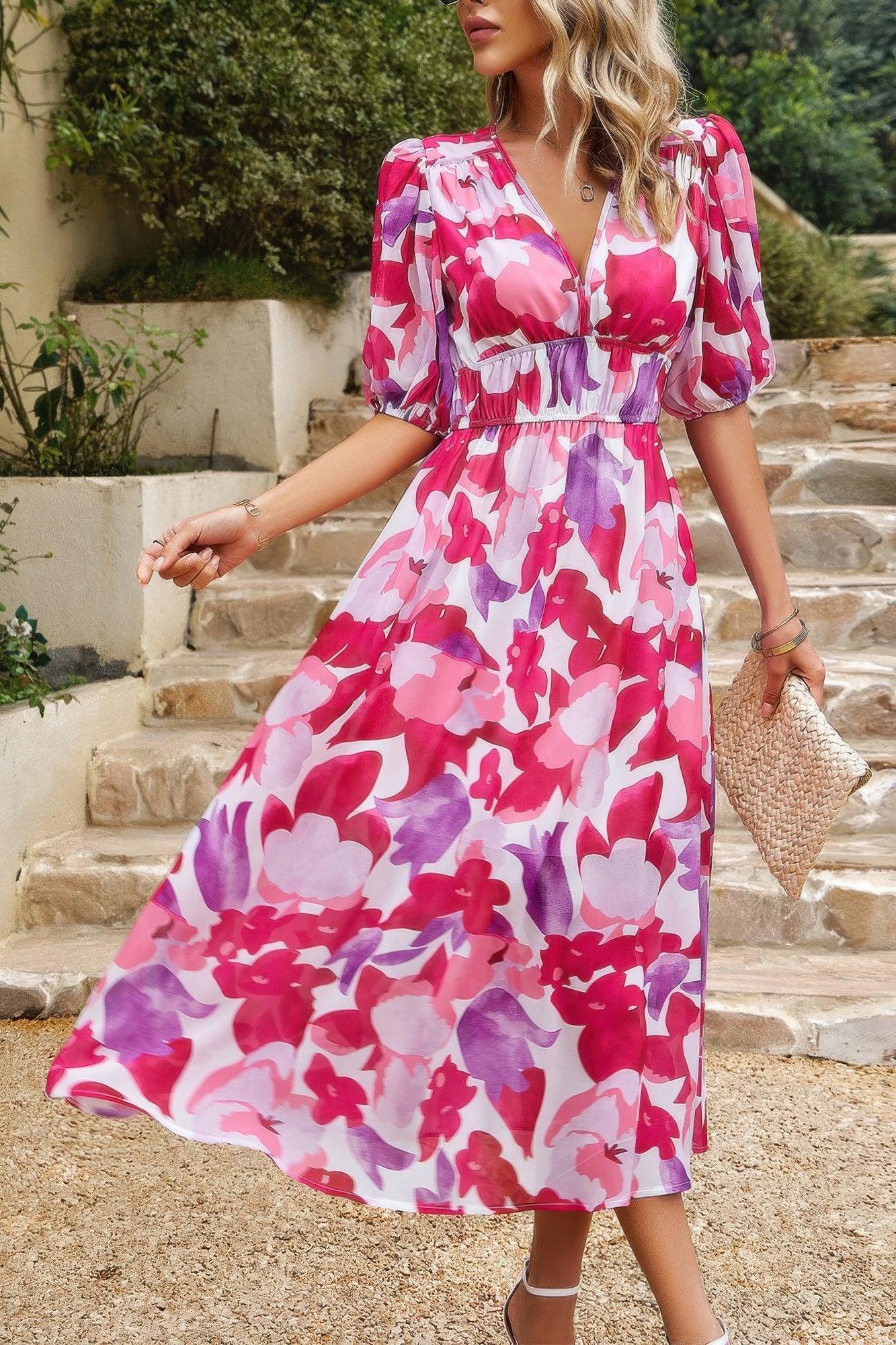 Bohemian V Neck Elastic Waisted Band Midi Dress | Mixtshop LLC
