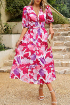 Bohemian V Neck Elastic Waisted Band Midi Dress | Mixtshop LLC