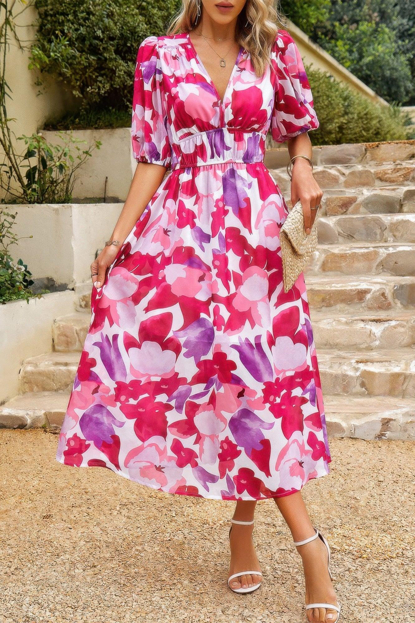 Bohemian V Neck Elastic Waisted Band Midi Dress | Mixtshop LLC