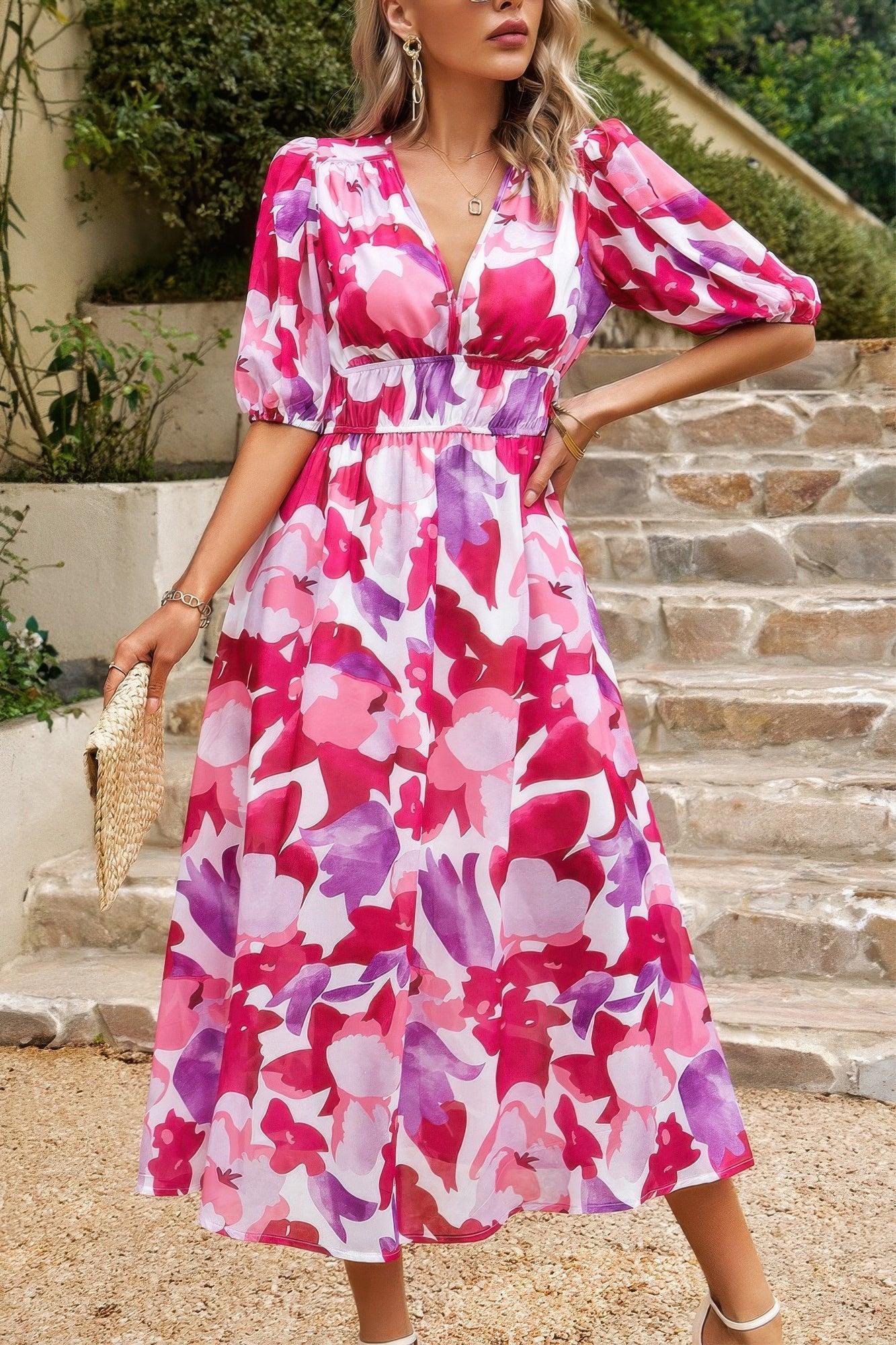 Bohemian V Neck Elastic Waisted Band Midi Dress | Mixtshop LLC