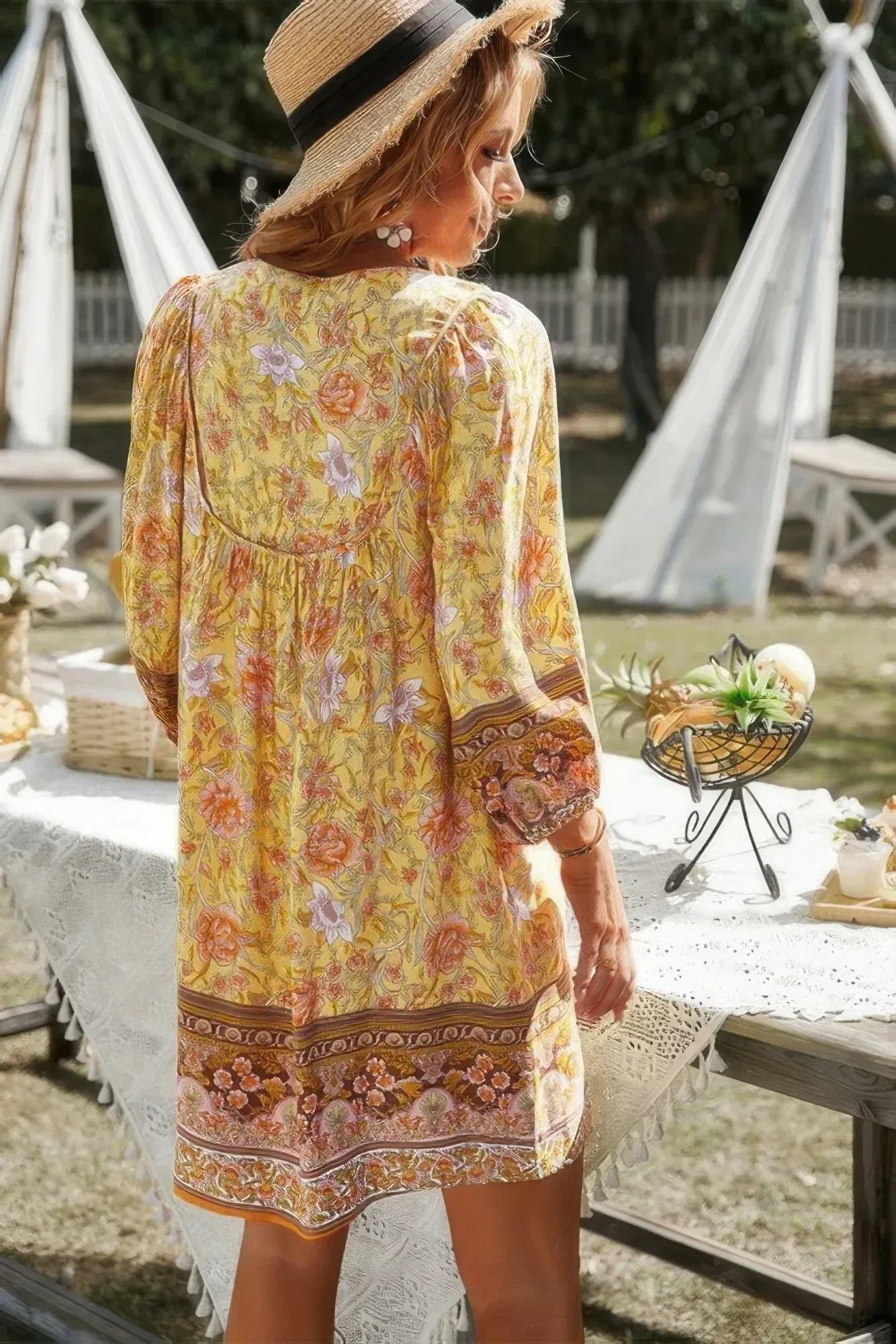 Floral V Neck Long Sleeve Boho A Line Dress | Mixtshop LLC
