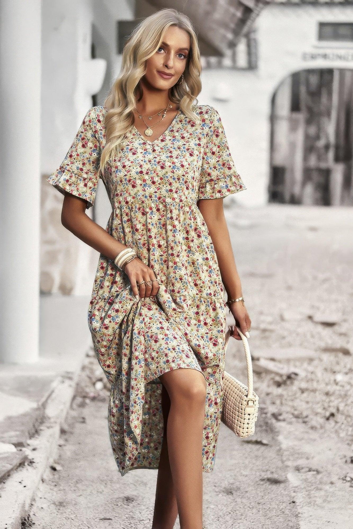 Boho Floral Ruffle Hem V Neck Short Sleeve Dress | Mixtshop LLC Main image