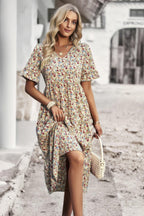 Boho Floral Ruffle Hem V Neck Short Sleeve Dress | Mixtshop LLC