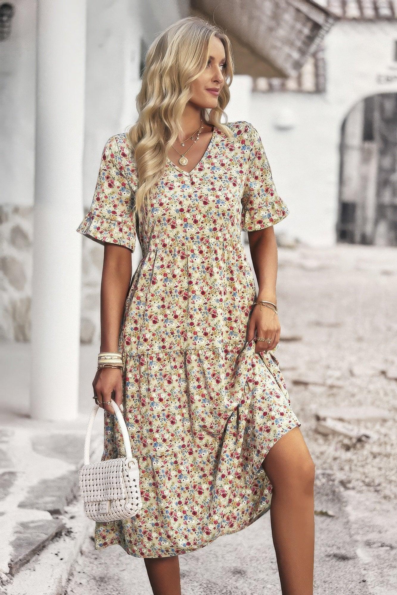 Boho Floral Ruffle Hem V Neck Short Sleeve Dress Secondary image