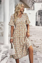 Boho Floral Ruffle Hem V Neck Short Sleeve Dress | Mixtshop LLC