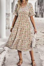 Boho Floral Ruffle Hem V Neck Short Sleeve Dress | Mixtshop LLC