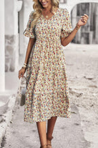Boho Floral Ruffle Hem V Neck Short Sleeve Dress | Mixtshop LLC
