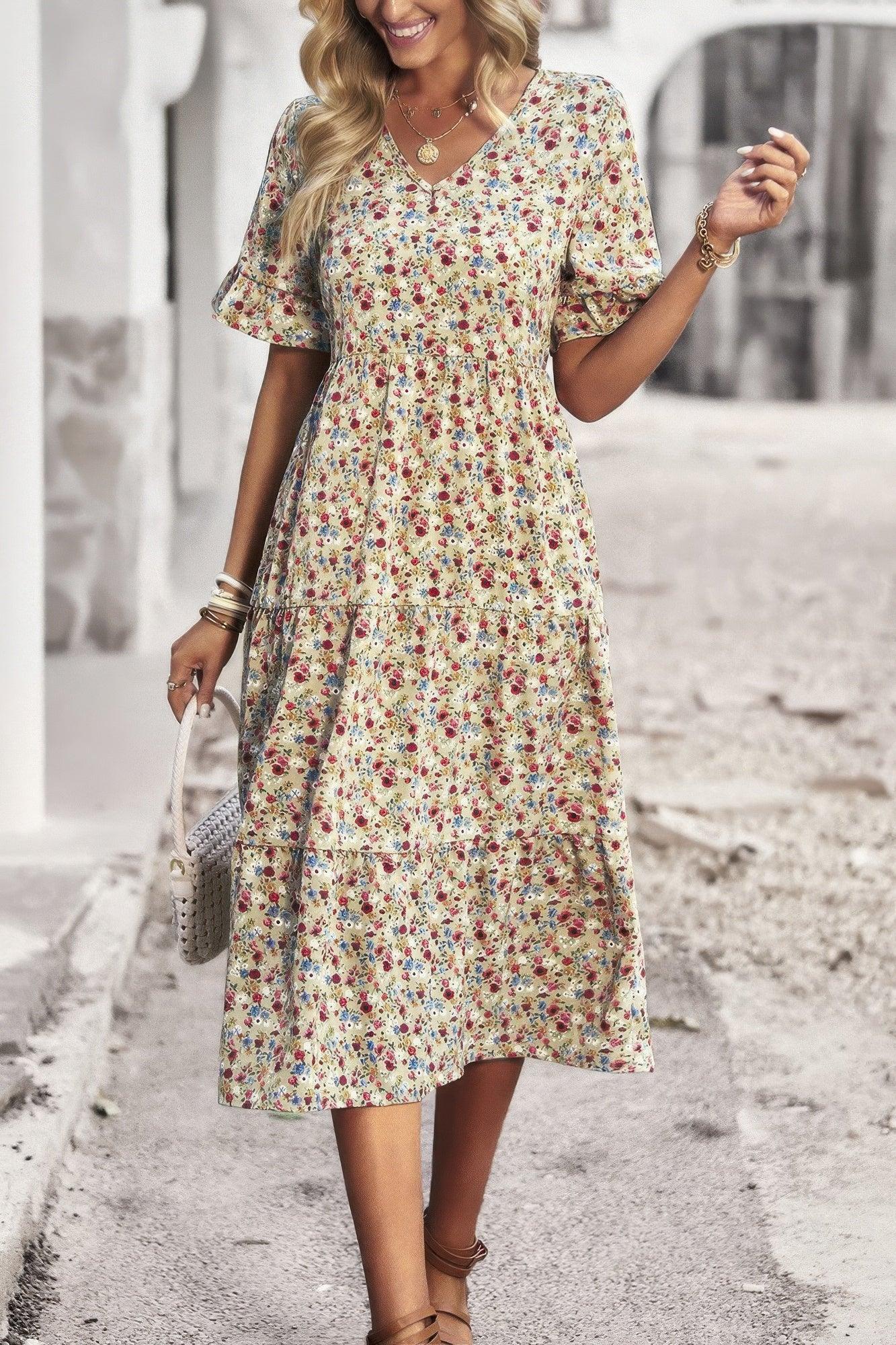 Boho Floral Ruffle Hem V Neck Short Sleeve Dress | Mixtshop LLC