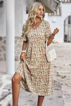 Boho Floral Ruffle Hem V Neck Short Sleeve Dress | Mixtshop LLC