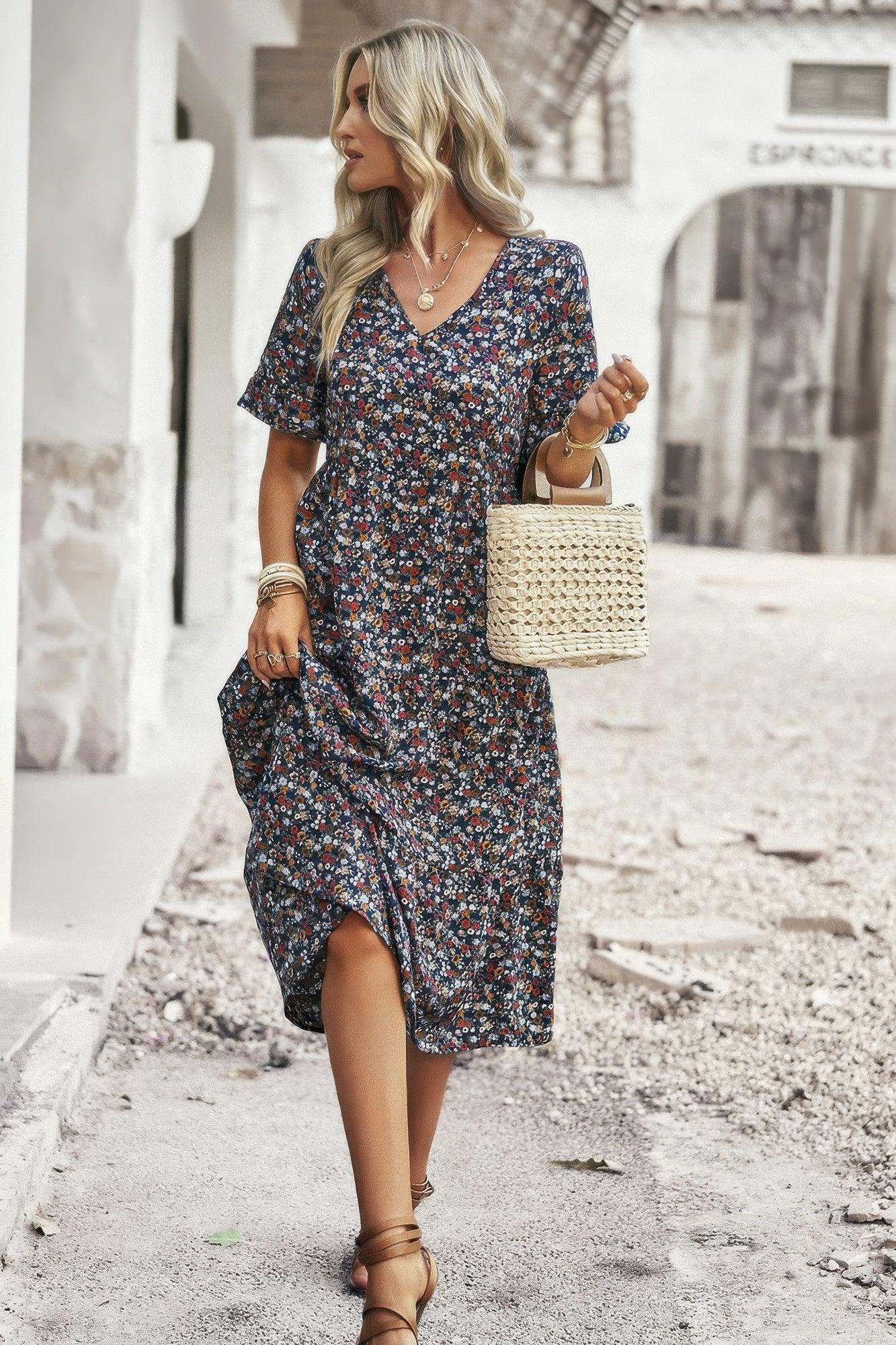Boho Floral Ruffle Hem V Neck Short Sleeve Dress | Mixtshop LLC