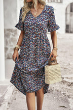 Boho Floral Ruffle Hem V Neck Short Sleeve Dress | Mixtshop LLC