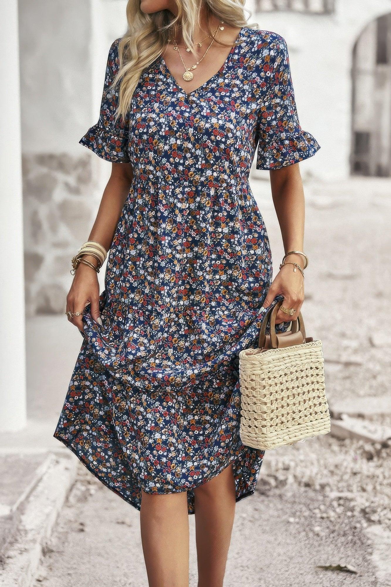 Boho Floral Ruffle Hem V Neck Short Sleeve Dress | Mixtshop LLC