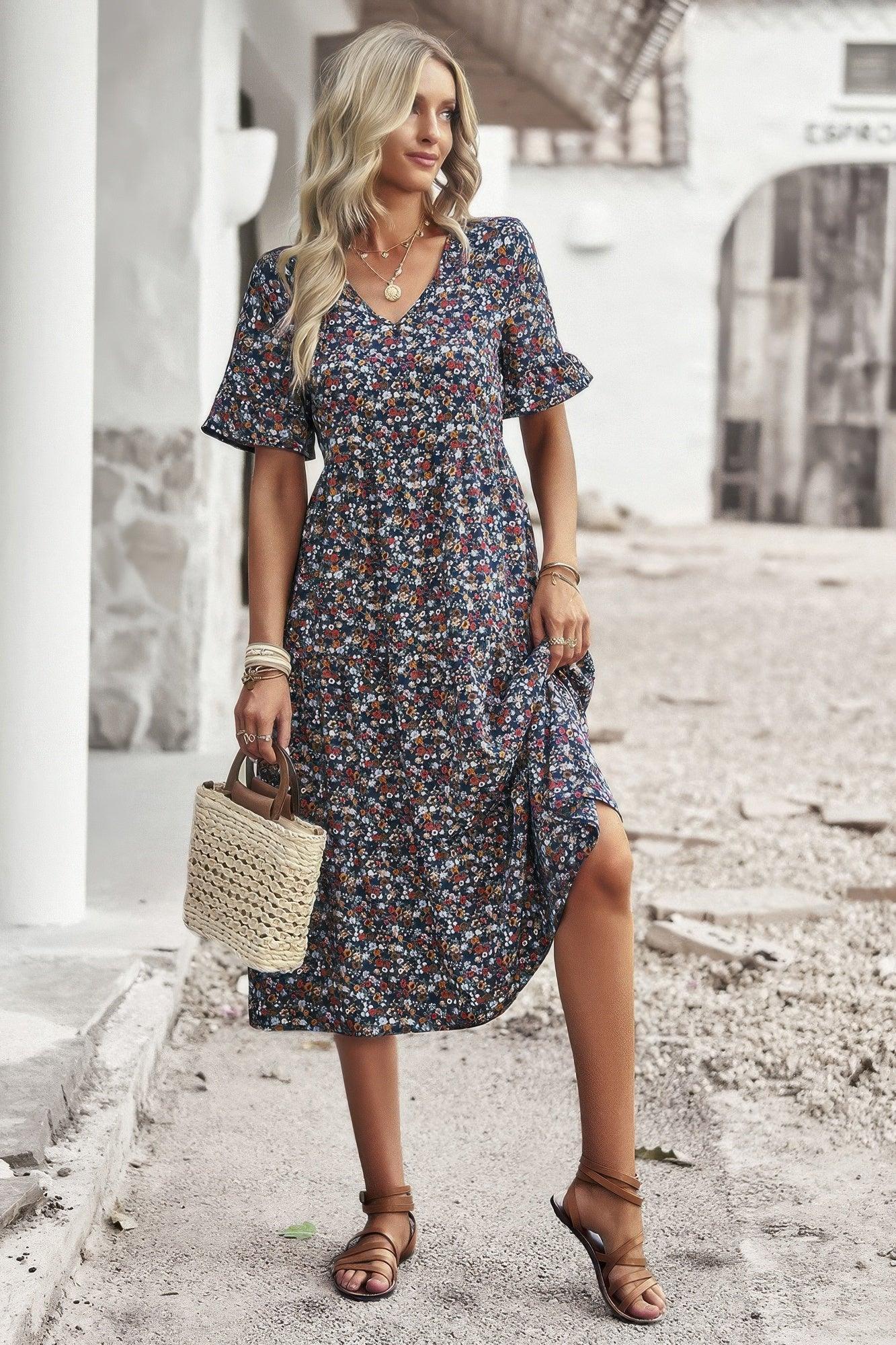 Boho Floral Ruffle Hem V Neck Short Sleeve Dress | Mixtshop LLC