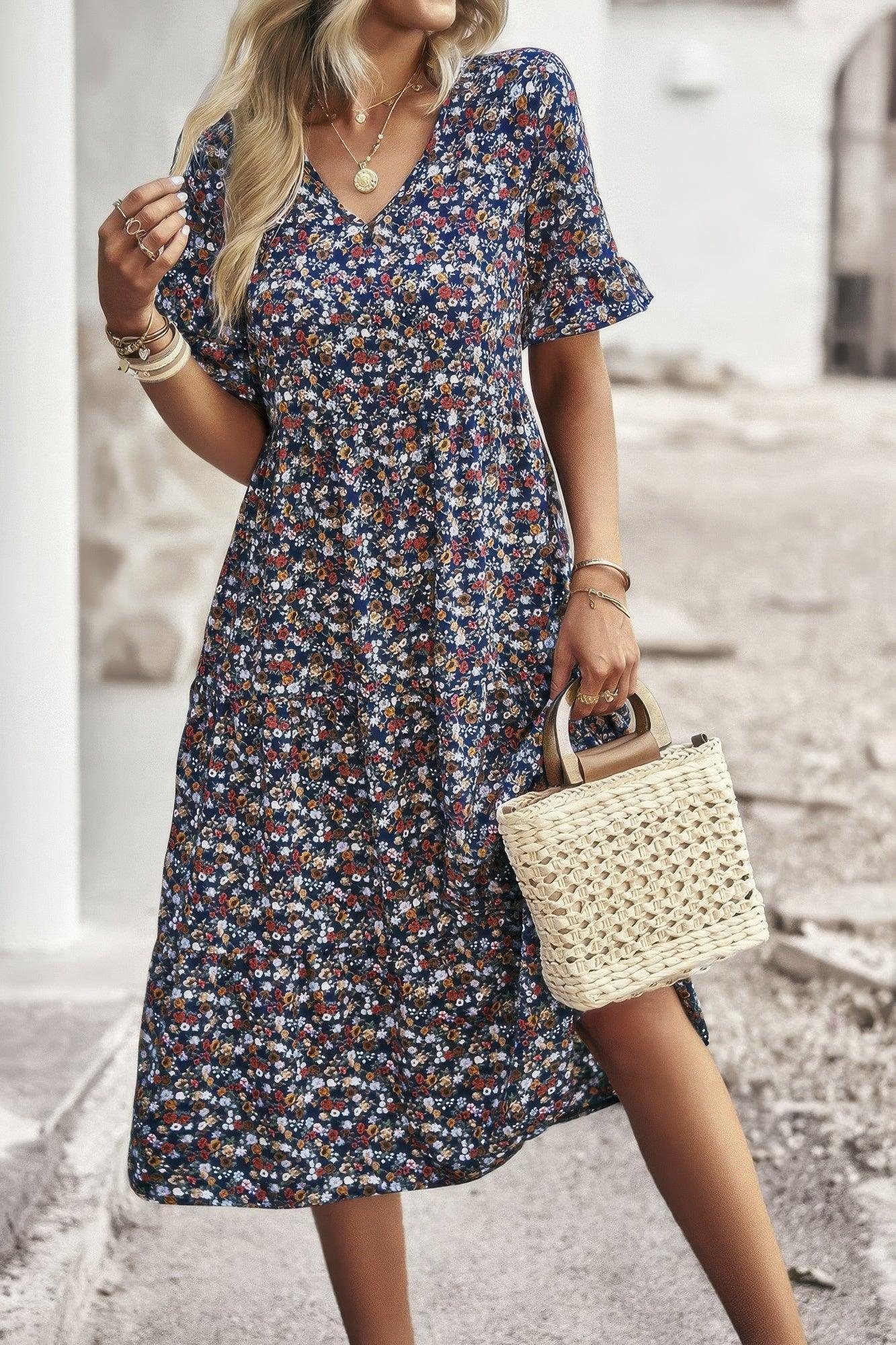 Boho Floral Ruffle Hem V Neck Short Sleeve Dress | Mixtshop LLC