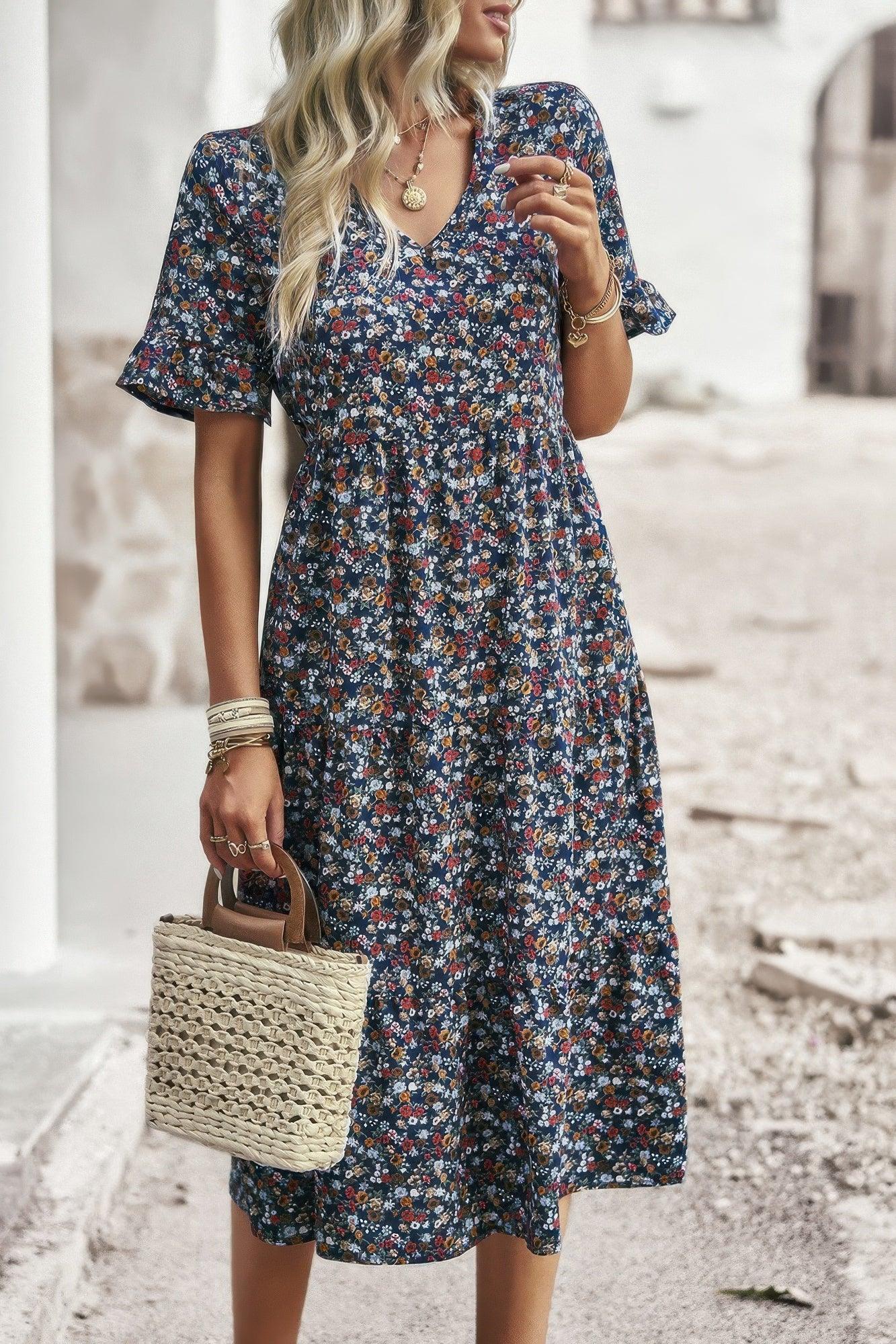 Boho Floral Ruffle Hem V Neck Short Sleeve Dress | Mixtshop LLC