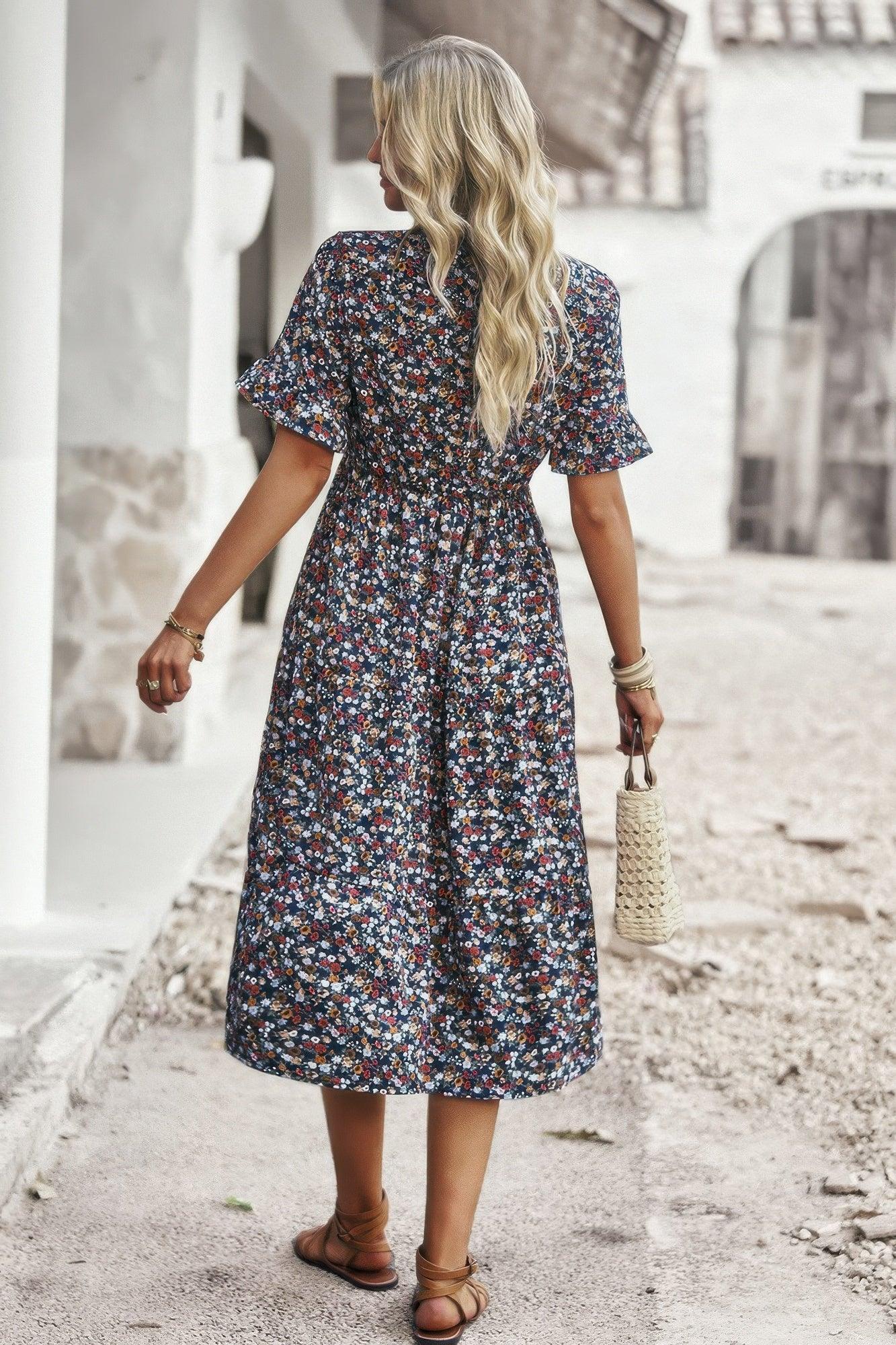 Boho Floral Ruffle Hem V Neck Short Sleeve Dress | Mixtshop LLC