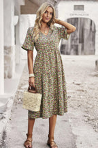 Boho Floral Ruffle Hem V Neck Short Sleeve Dress | Mixtshop LLC