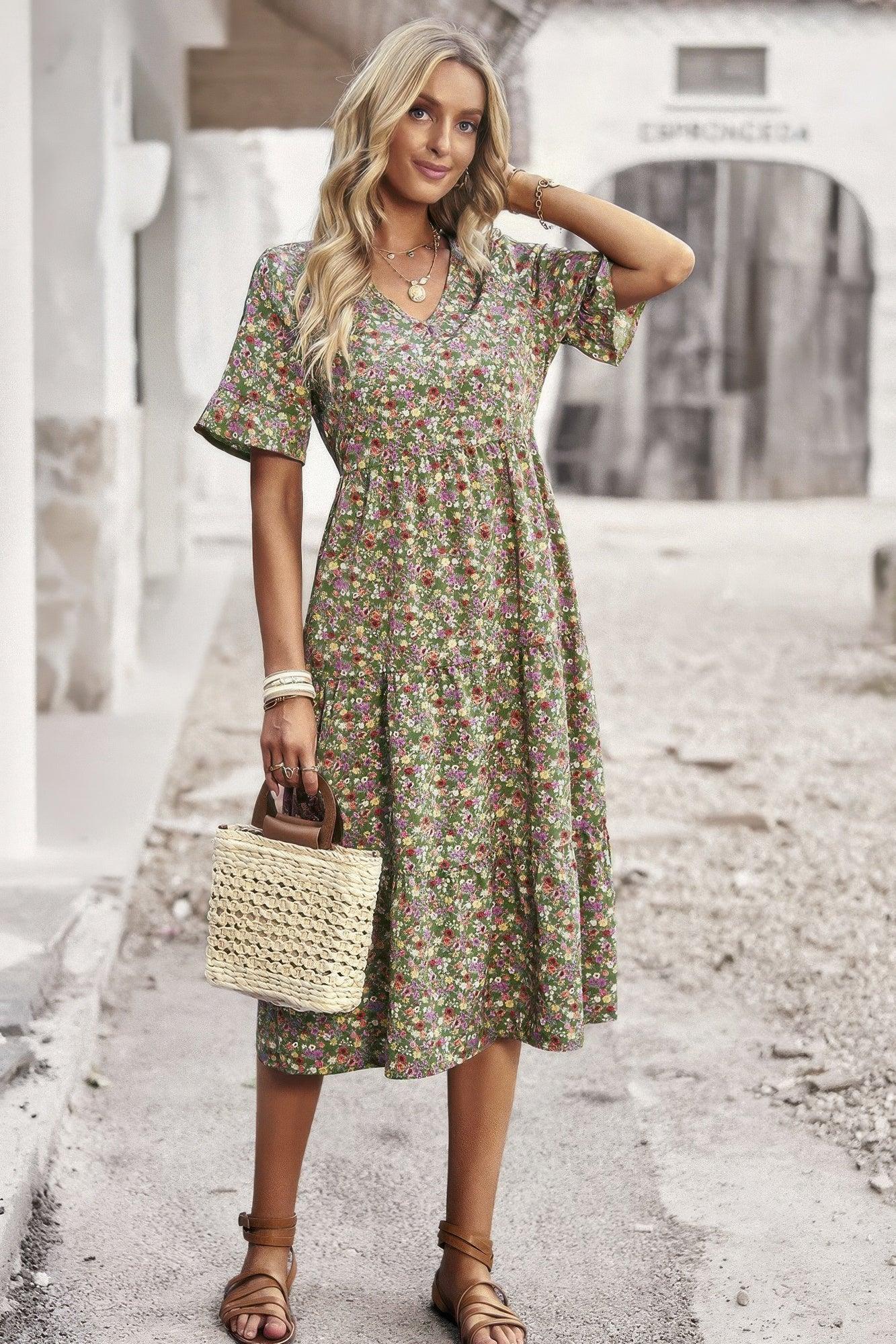 Boho Floral Ruffle Hem V Neck Short Sleeve Dress | Mixtshop LLC