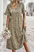 Boho Floral Ruffle Hem V Neck Short Sleeve Dress | Mixtshop LLC
