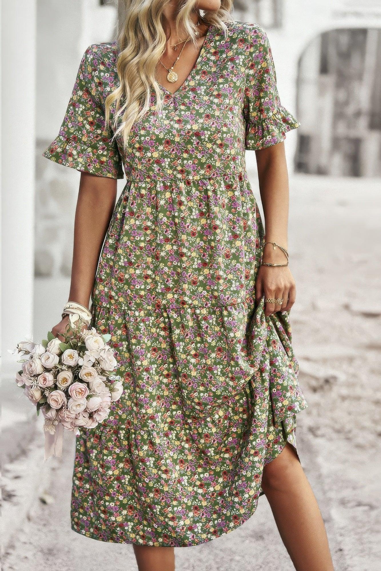 Boho Floral Ruffle Hem V Neck Short Sleeve Dress | Mixtshop LLC