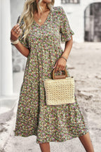 Boho Floral Ruffle Hem V Neck Short Sleeve Dress | Mixtshop LLC