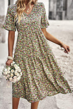 Boho Floral Ruffle Hem V Neck Short Sleeve Dress | Mixtshop LLC