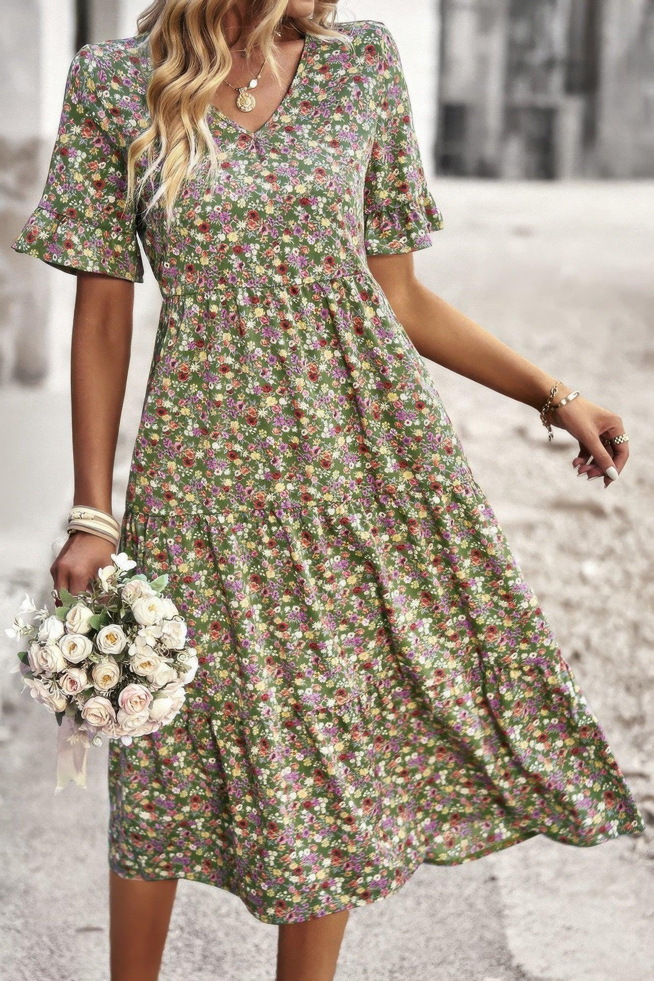 Boho Floral Ruffle Hem V Neck Short Sleeve Dress | Mixtshop LLC