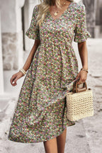 Boho Floral Ruffle Hem V Neck Short Sleeve Dress | Mixtshop LLC