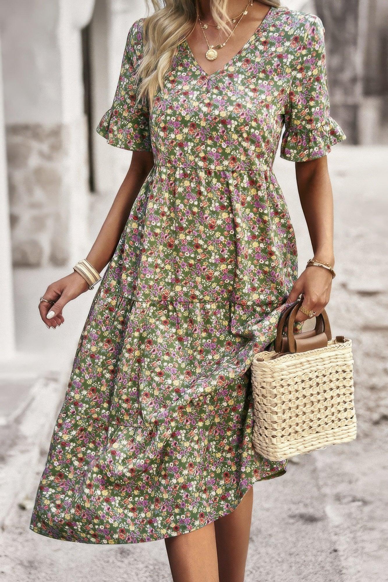Boho Floral Ruffle Hem V Neck Short Sleeve Dress | Mixtshop LLC