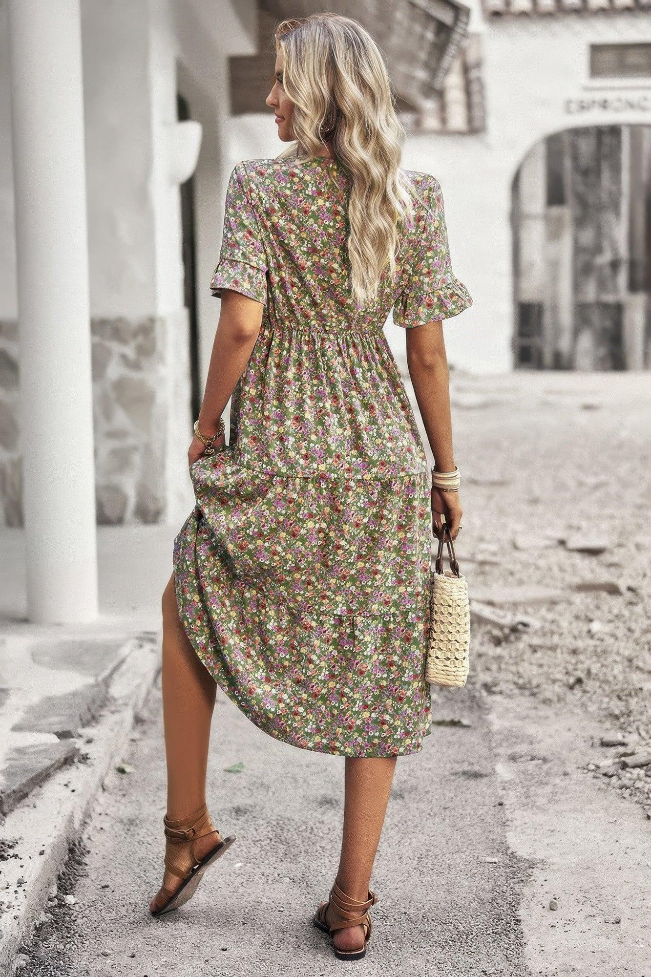 Boho Floral Ruffle Hem V Neck Short Sleeve Dress | Mixtshop LLC