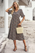 Boho Floral Ruffle Hem V Neck Short Sleeve Dress | Mixtshop LLC
