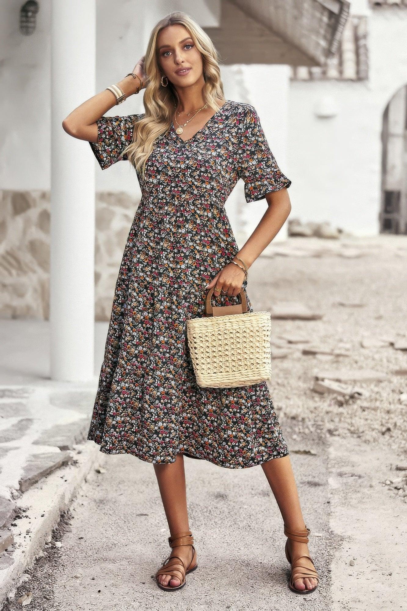 Boho Floral Ruffle Hem V Neck Short Sleeve Dress | Mixtshop LLC