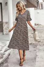 Boho Floral Ruffle Hem V Neck Short Sleeve Dress | Mixtshop LLC