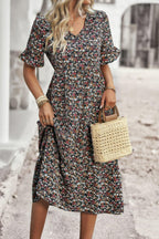 Boho Floral Ruffle Hem V Neck Short Sleeve Dress | Mixtshop LLC