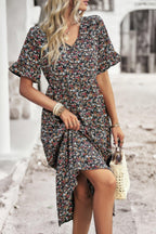 Boho Floral Ruffle Hem V Neck Short Sleeve Dress | Mixtshop LLC