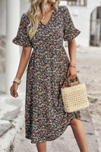 Boho Floral Ruffle Hem V Neck Short Sleeve Dress | Mixtshop LLC