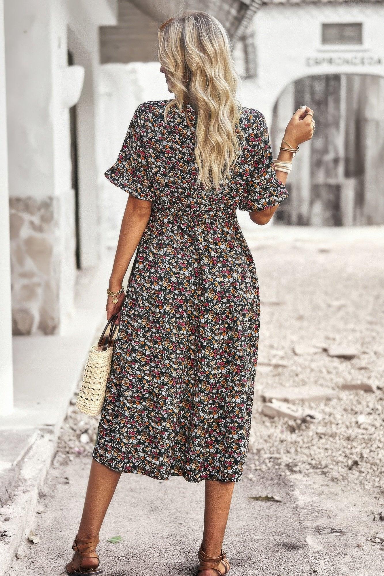 Boho Floral Ruffle Hem V Neck Short Sleeve Dress | Mixtshop LLC