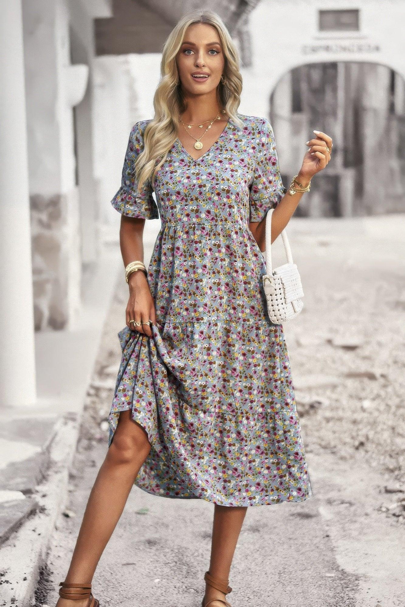 Boho Floral Ruffle Hem V Neck Short Sleeve Dress | Mixtshop LLC