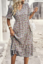 Boho Floral Ruffle Hem V Neck Short Sleeve Dress | Mixtshop LLC