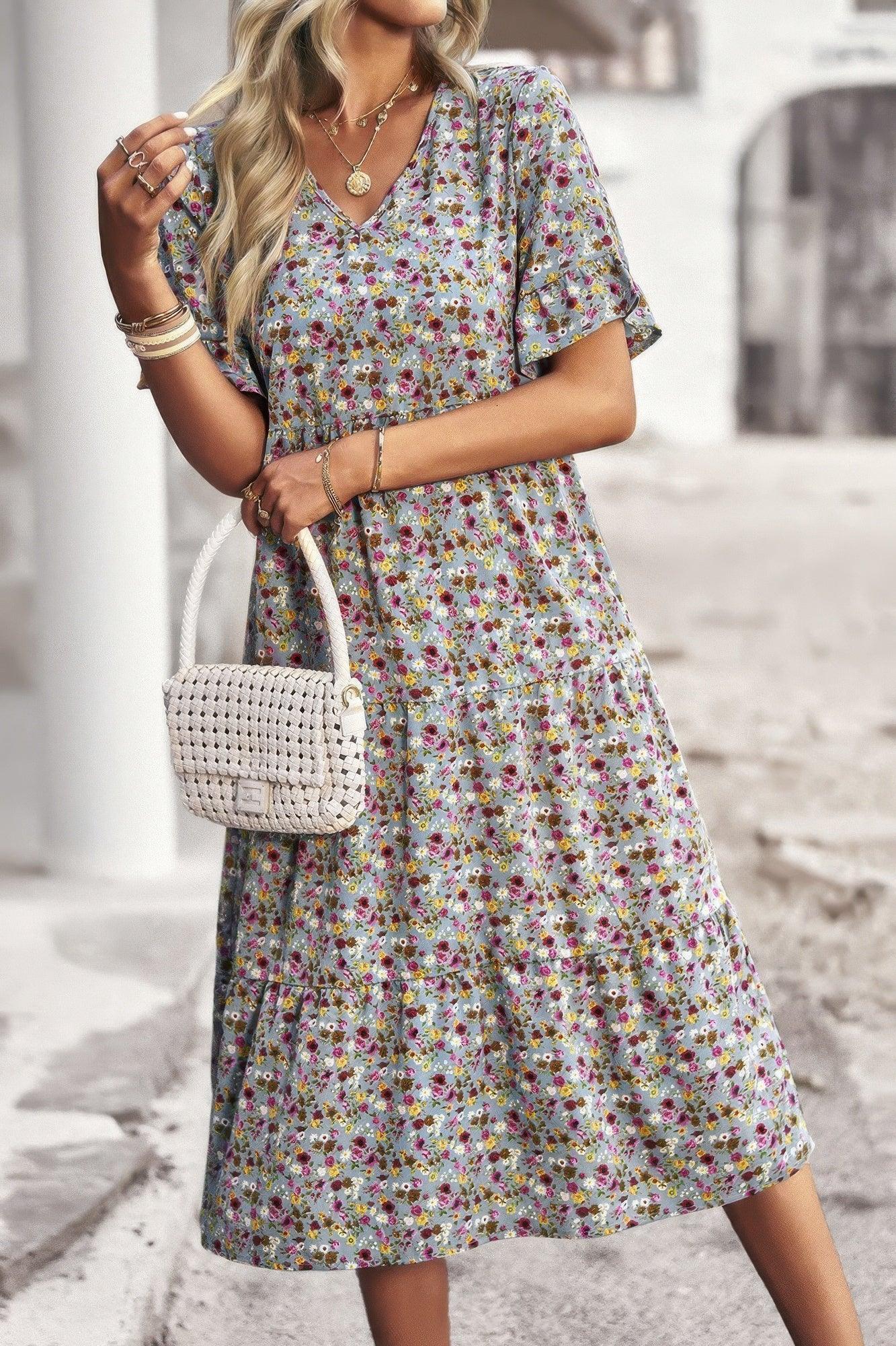 Boho Floral Ruffle Hem V Neck Short Sleeve Dress | Mixtshop LLC