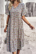 Boho Floral Ruffle Hem V Neck Short Sleeve Dress | Mixtshop LLC
