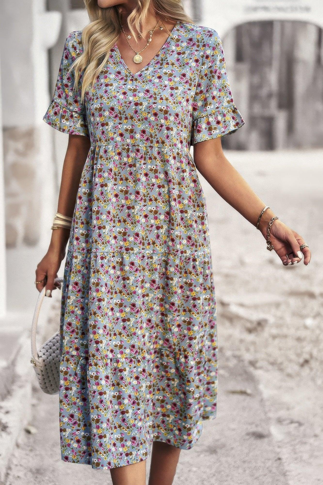 Boho Floral Ruffle Hem V Neck Short Sleeve Dress | Mixtshop LLC