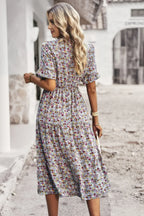 Boho Floral Ruffle Hem V Neck Short Sleeve Dress | Mixtshop LLC