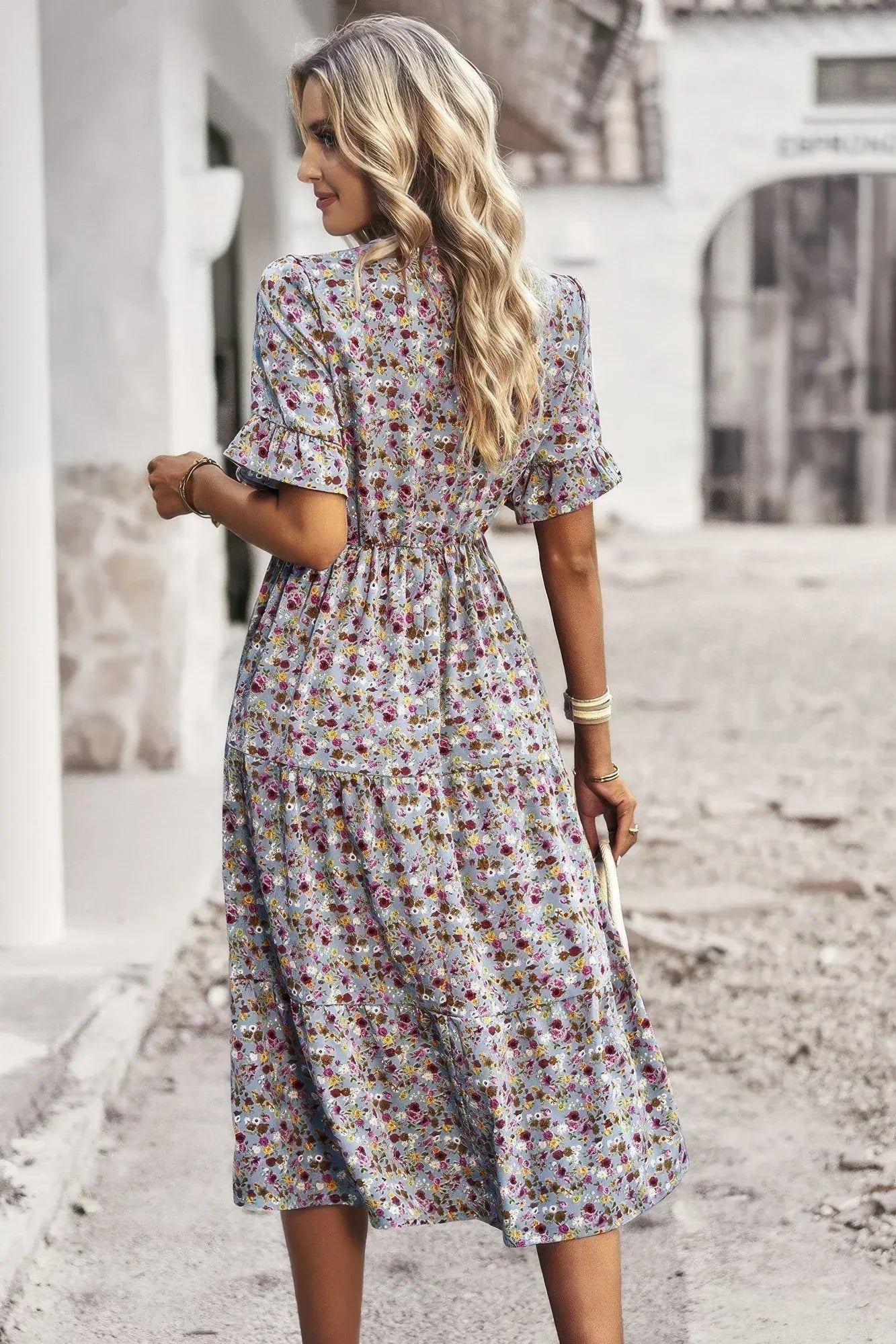 Boho Floral Ruffle Hem V Neck Short Sleeve Dress | Mixtshop LLC