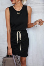 Solid Drawstring Waist Ruched Sleeveless Mid Dress | Mixtshop LLC