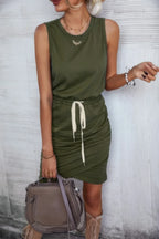 Solid Drawstring Waist Ruched Sleeveless Mid Dress | Mixtshop LLC