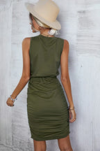 Solid Drawstring Waist Ruched Sleeveless Mid Dress | Mixtshop LLC