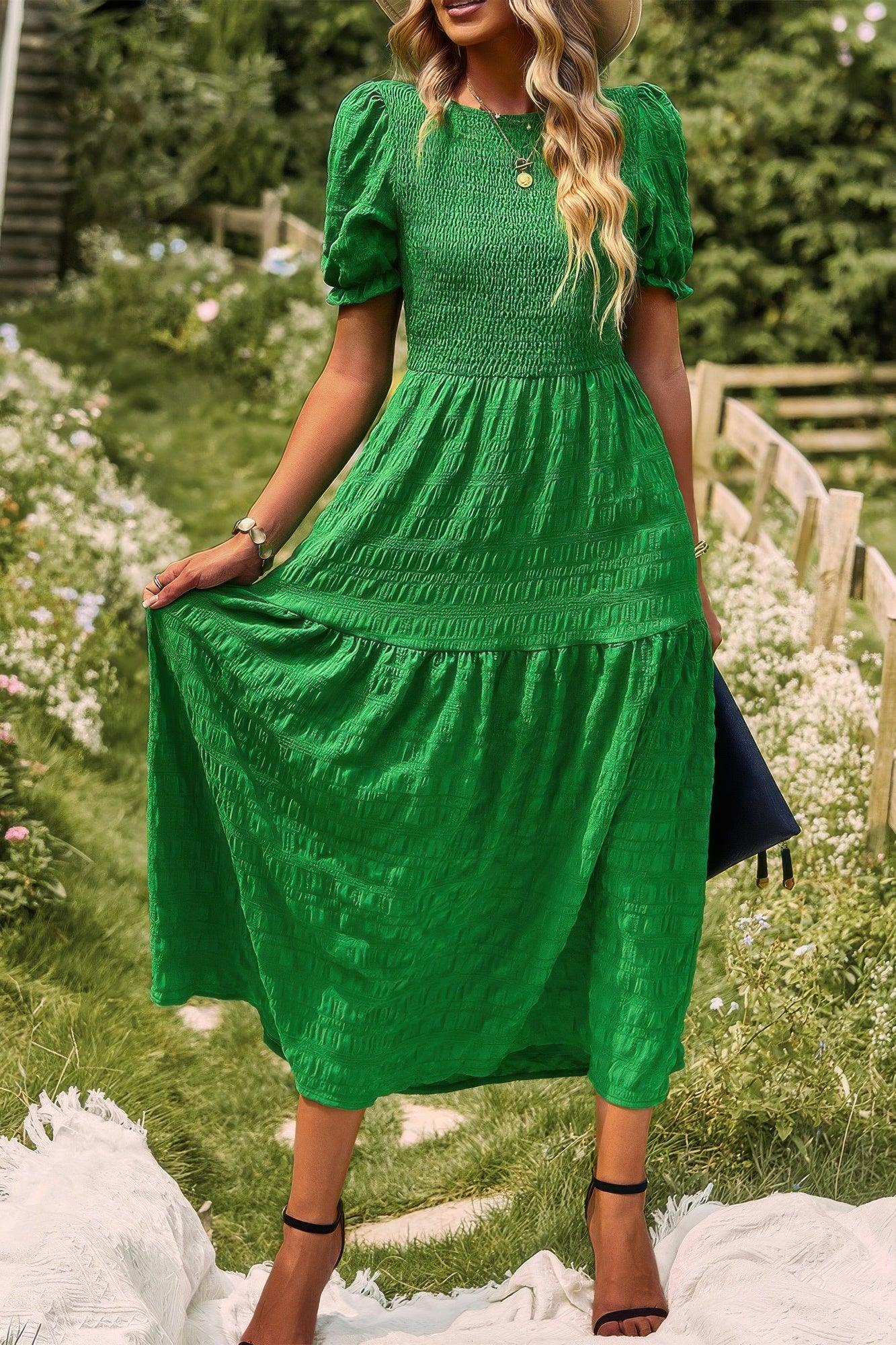 Pleated Tiered Solid Short Puff Sleeve A Line Dres | Mixtshop LLC Main image