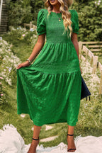 Pleated Tiered Solid Short Puff Sleeve A Line Dres | Mixtshop LLC